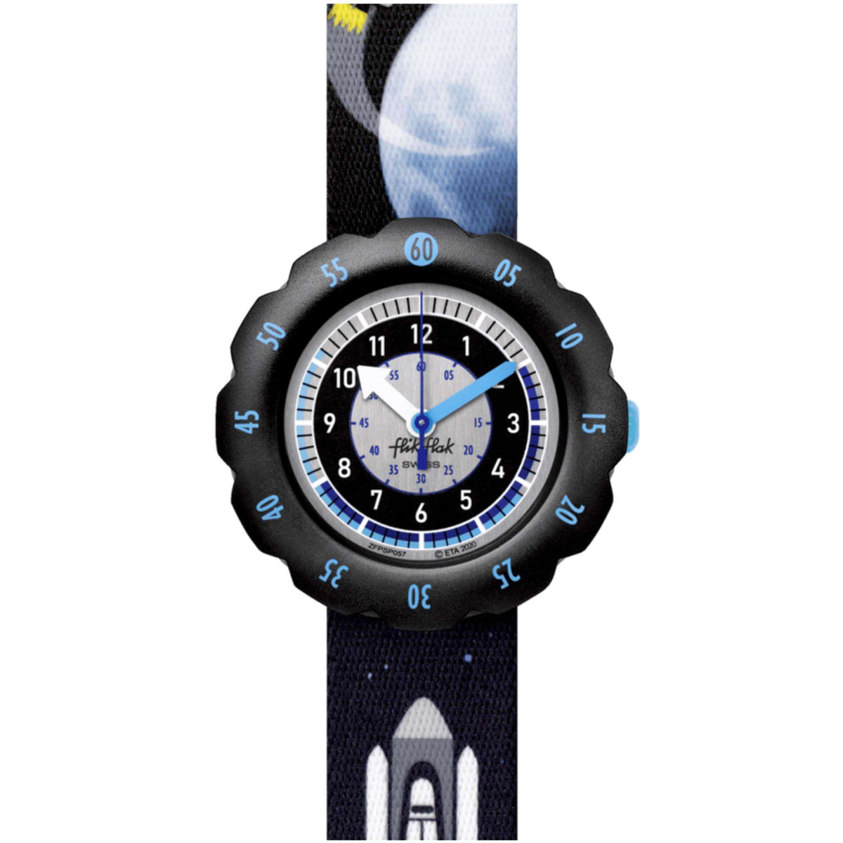 Flik Flak kids watch, black fabric strap, blue-accent two-tone round dial