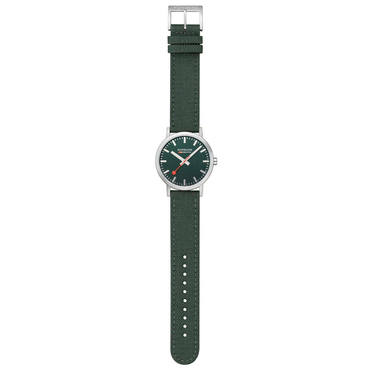 Mondaine Classic wristwatch on green fabric strap with dark green dial and silver case.