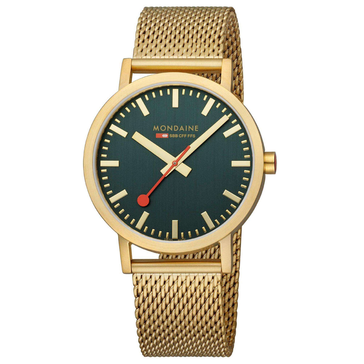 Gold mesh bracelet analog watch with dark green dial, red seconds hand, and gold hour markers