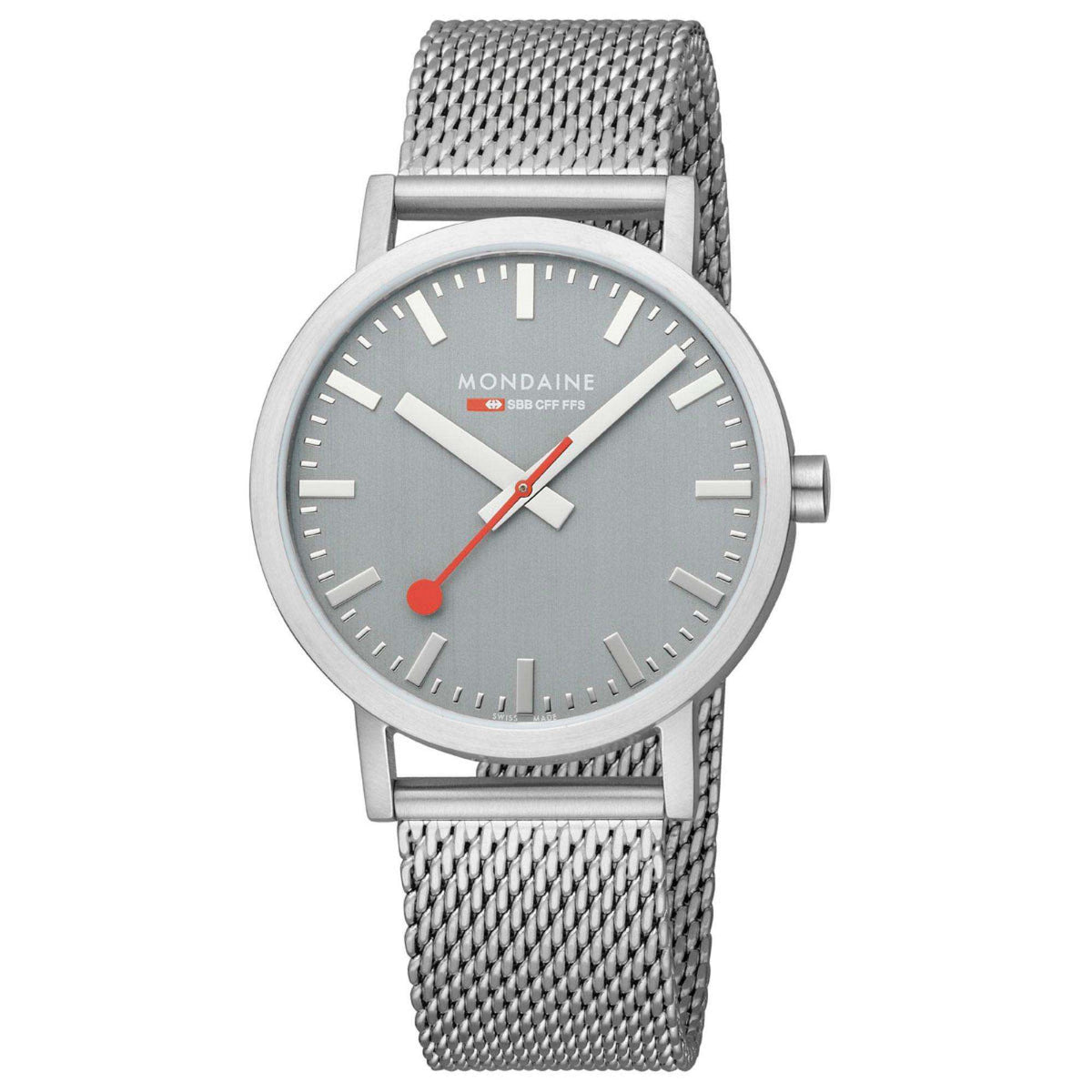 Grey face stainless steel mesh bracelet watch with red second hand and hour markers