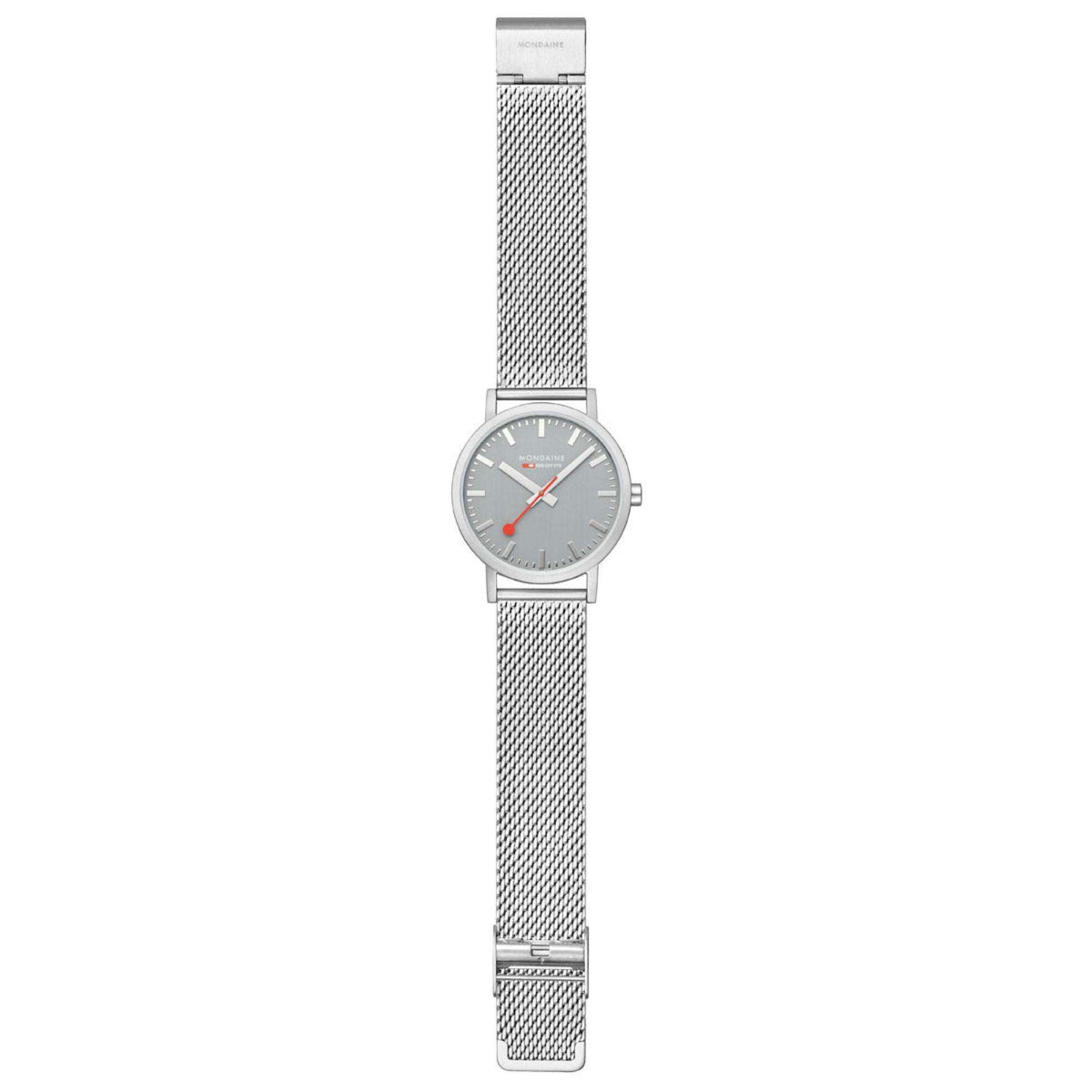Grey dial stainless steel mesh bracelet watch shown front view on a plain background