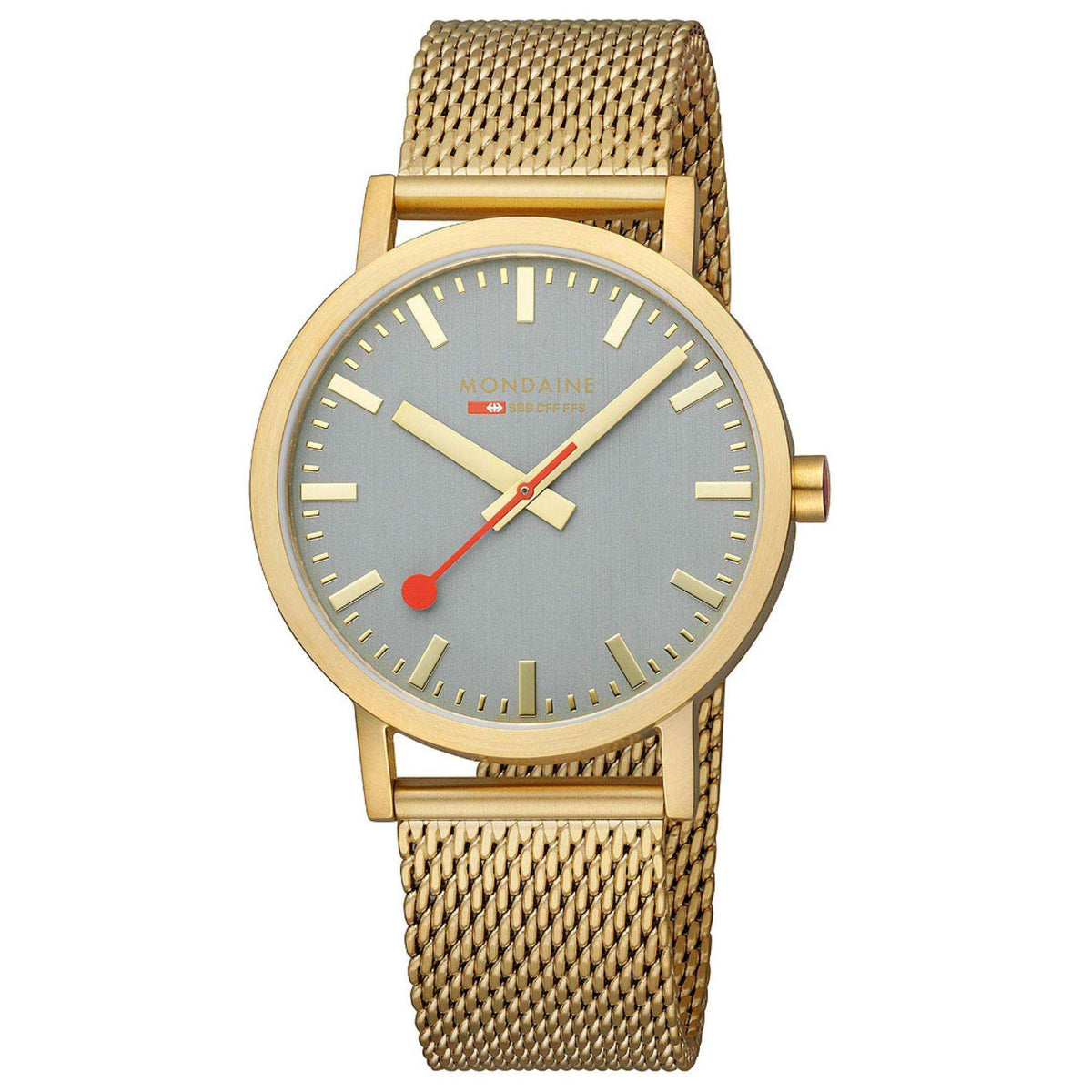 Gold-tone mesh steel watch with grey dial, baton markers, red seconds hand, 40mm case