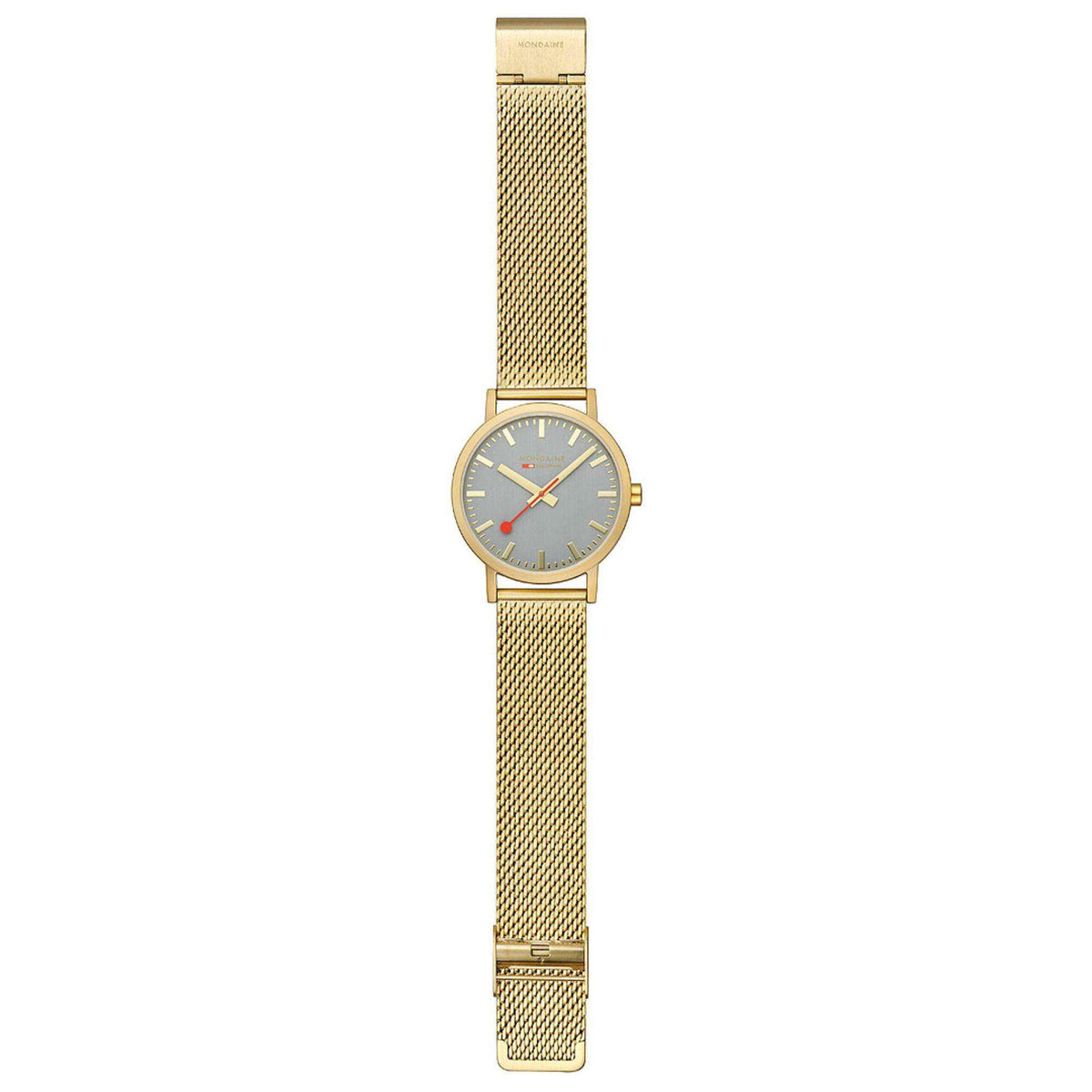 Gold-tone mesh bracelet watch viewed from above, grey dial with red seconds hand