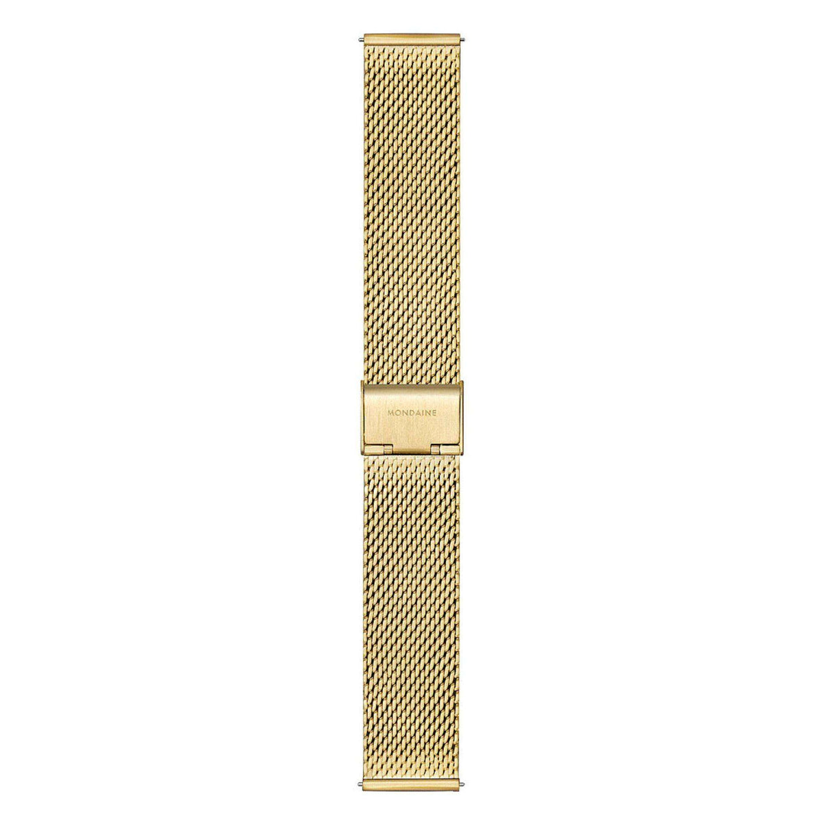 Gold-tone mesh watch band with rectangular clasp, grey dial not visible