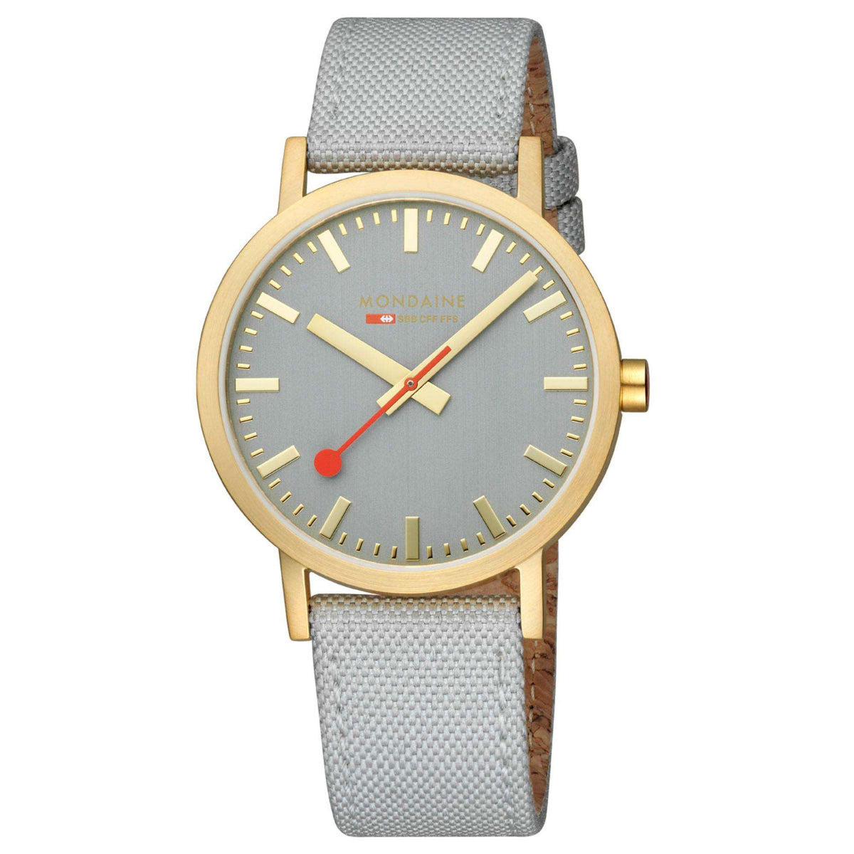 Mondaine classic 40mm quartz watch with grey dial, gold-tone case, grey textile strap
