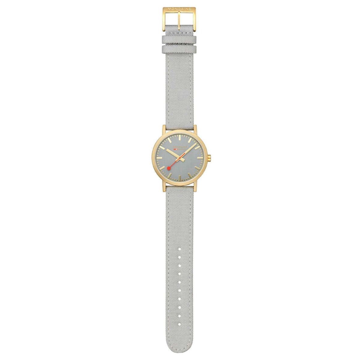 Mondaine classic 40mm quartz watch, grey textile strap with square buckle and grey dial