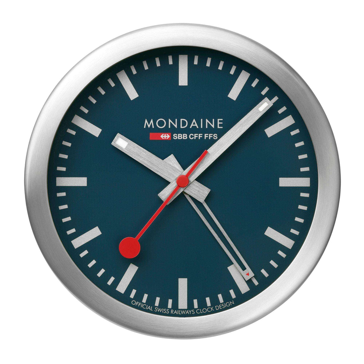 Blue dial table alarm clock with silver metal case and crossed red-and-silver hands