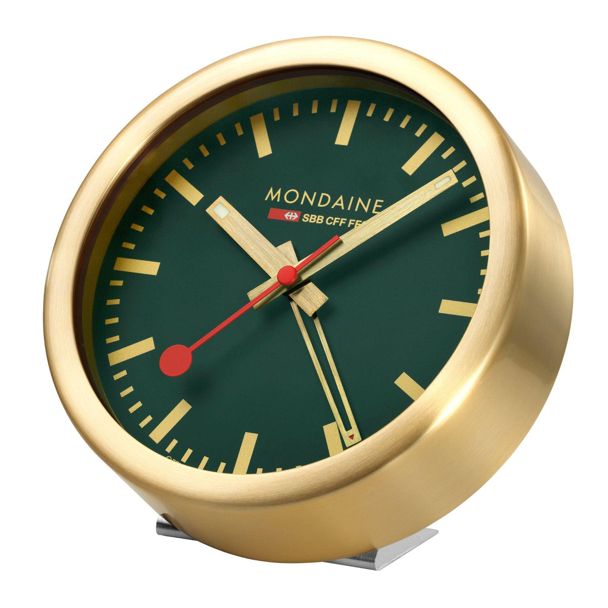 Mondaine forest green dial clock close view, gold-tone rim and red second hand