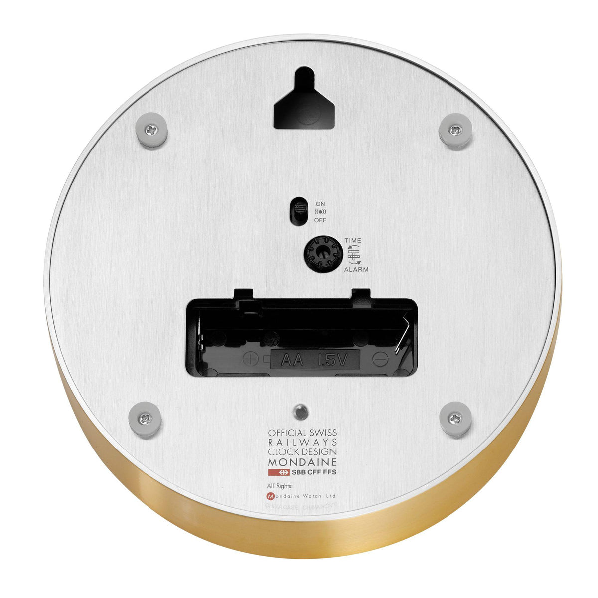 Mondaine gold-tone and silver back plate with alarm clock battery compartment