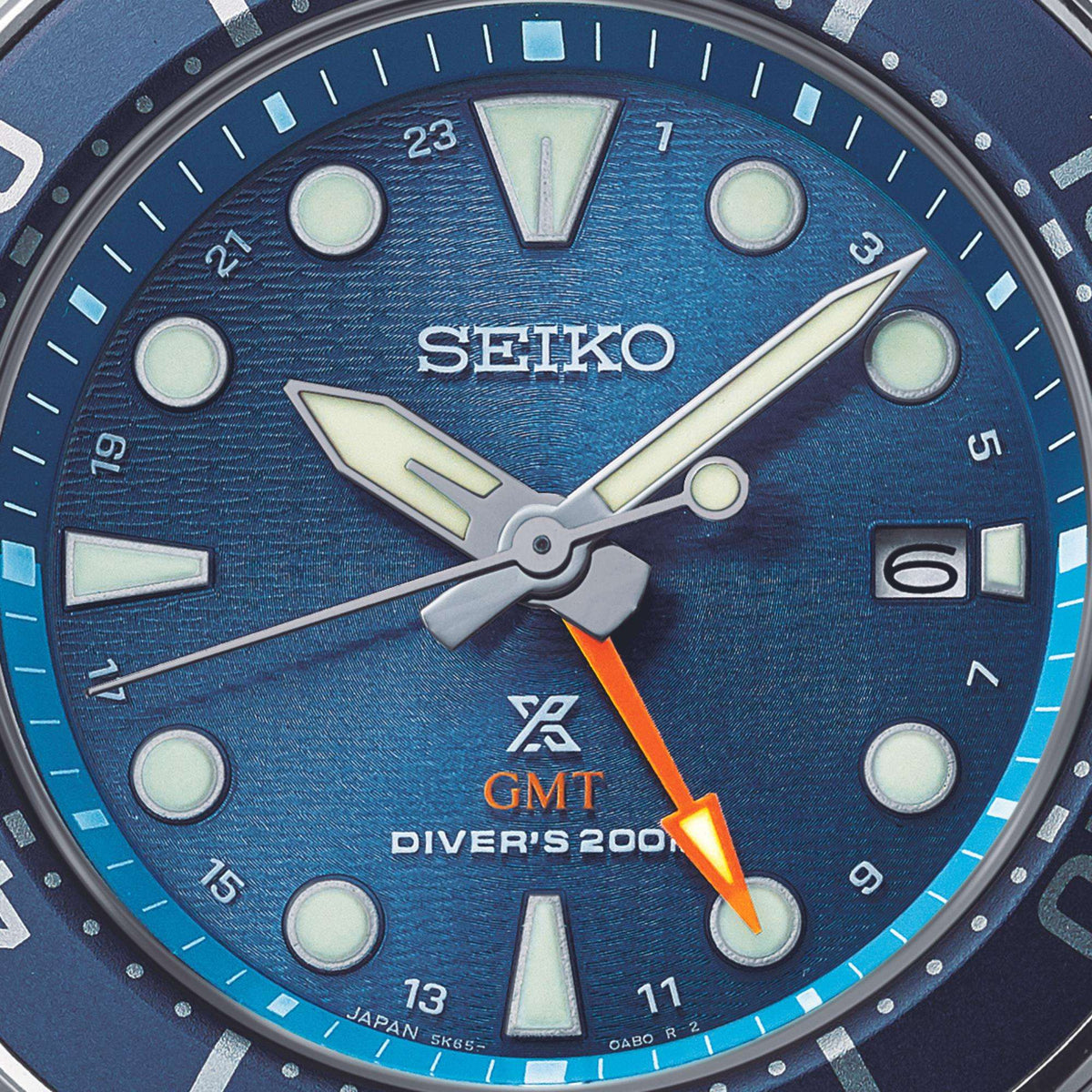 Seiko Prospex watch SFK001J1 with blue dial and orange GMT indicator