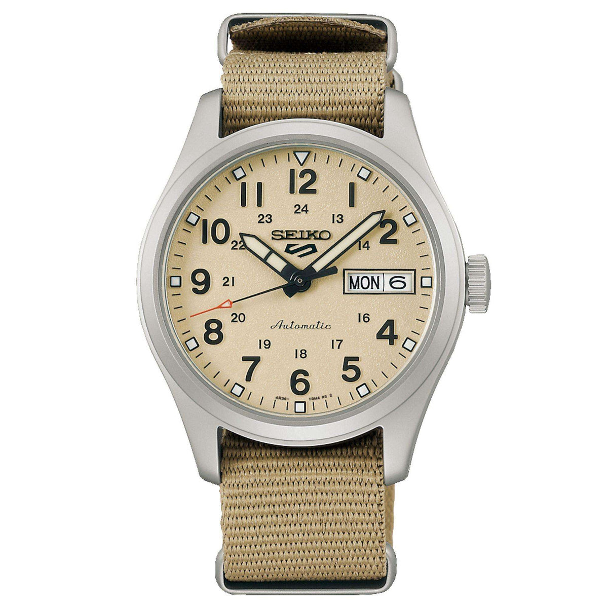 Men's automatic wristwatch with beige dial, silver case, and beige nylon strap, MON 6