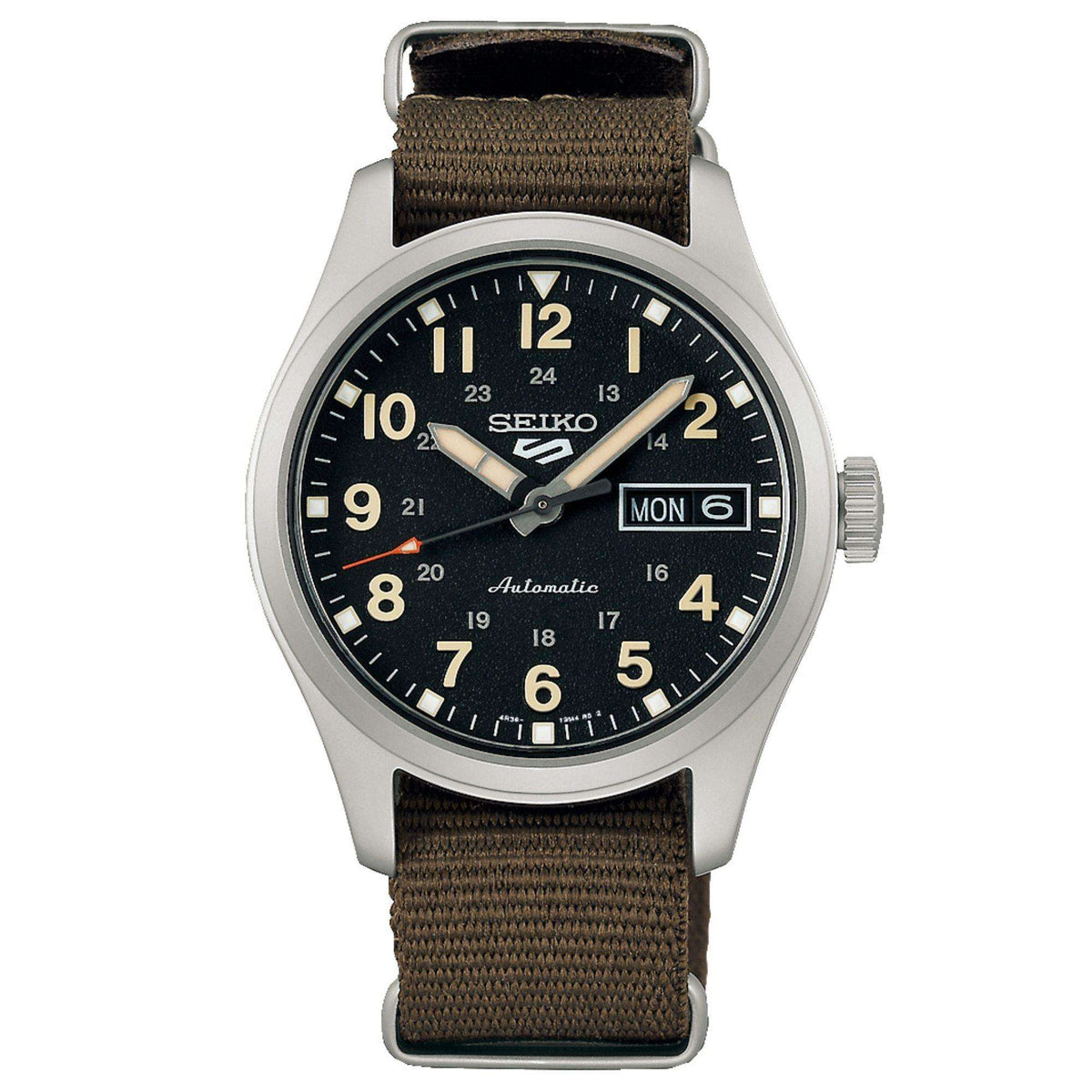 Seiko 5 Sports Midfield SRPJ85K1 black dial front view