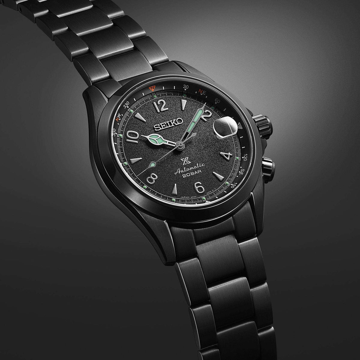 Seiko Prospex Black Series Night Alpinist watch SPB337J1 watch with a detailed face on a dark background