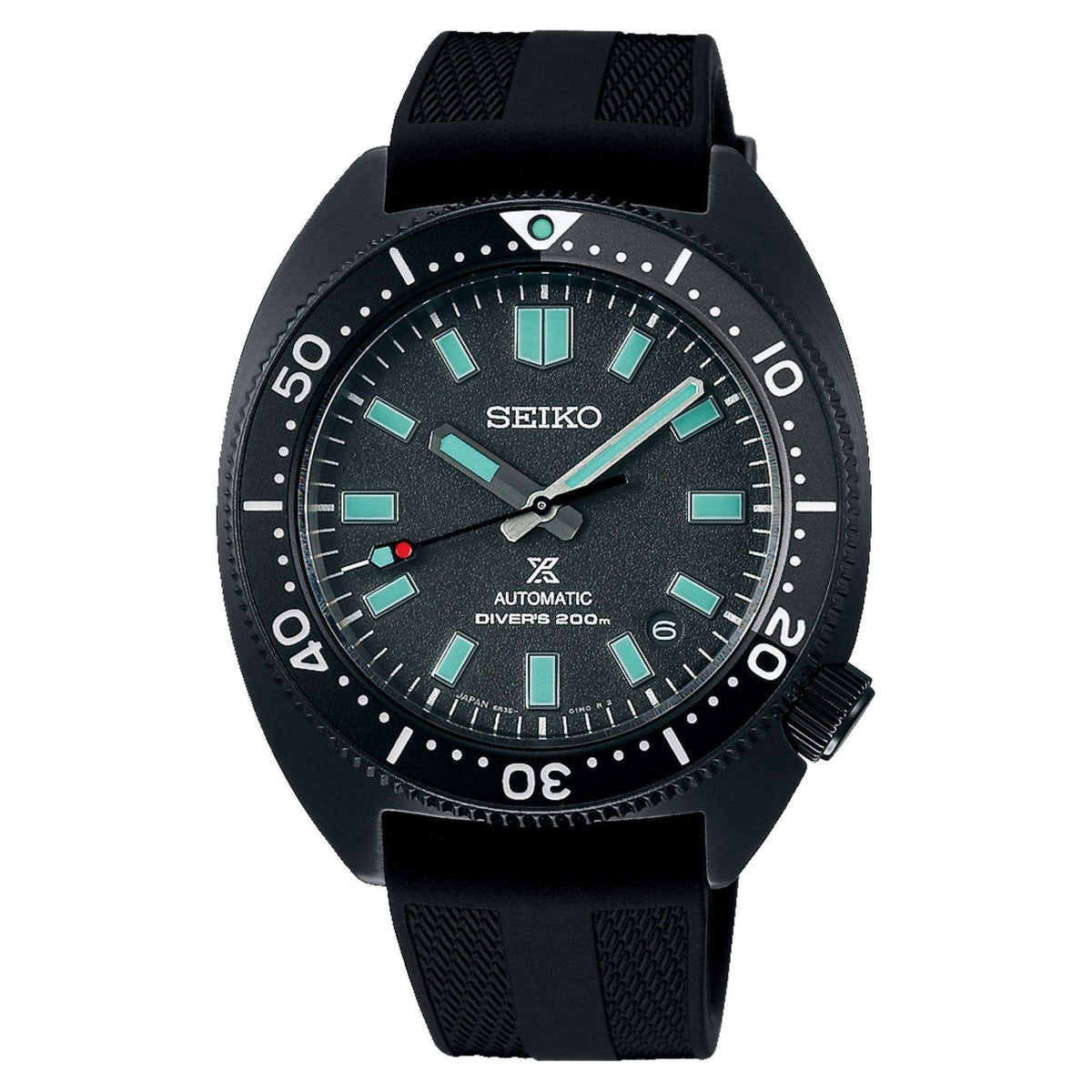 Seiko Prospex Black Series Night Turtle watch SPB335J1 with green accents on a white background