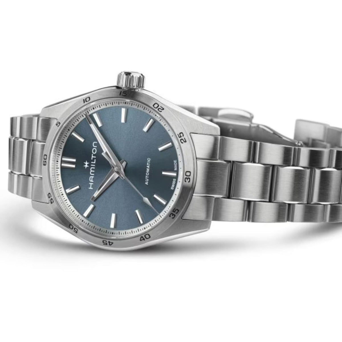 Stainless steel ladies watch with blue dial and date window, bracelet view