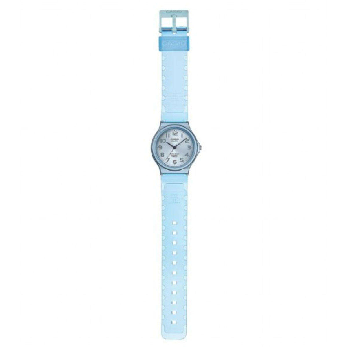 Blue resin strap wristwatch with round gray face, side profile and buckle clasp
