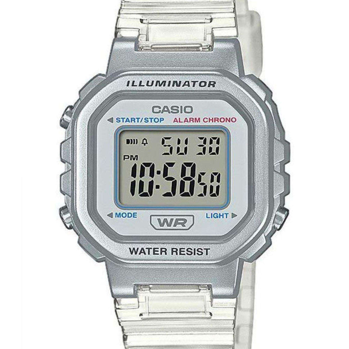 Digital wristwatch close-up, silver case, LCD display showing times; START/STOP and MODE