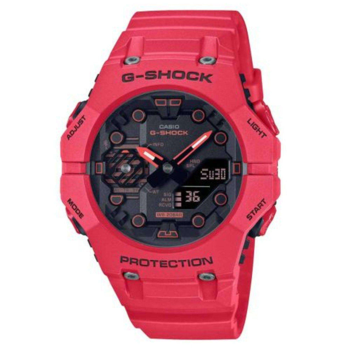 Red G-Shock wristwatch with black dial, red bezel, and integrated resin strap