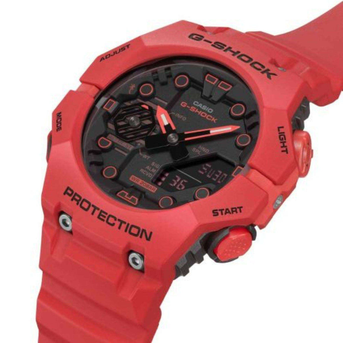 Red G-Shock wristwatch angled view; black dial with red accents and display window