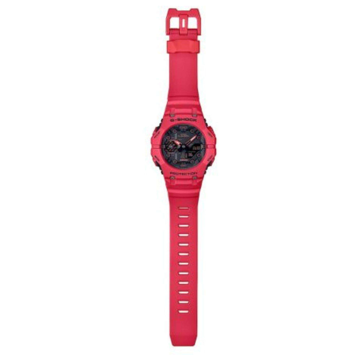 Red G-Shock watch with integrated resin strap shown from side profile