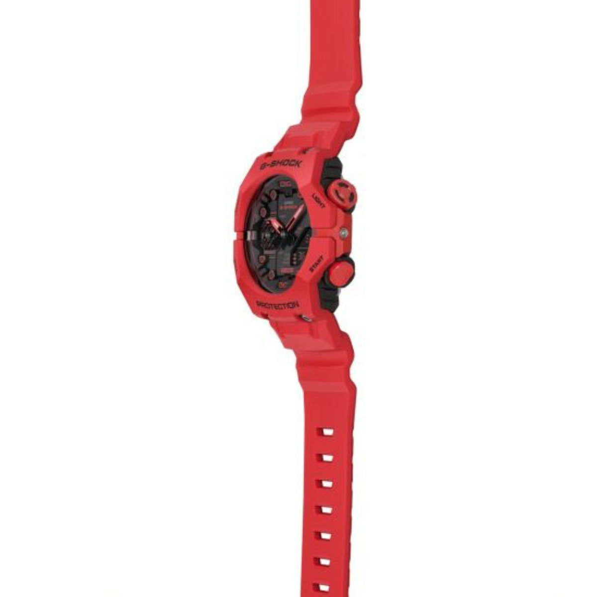 Red G-Shock watch with textured case edges and resin strap side view