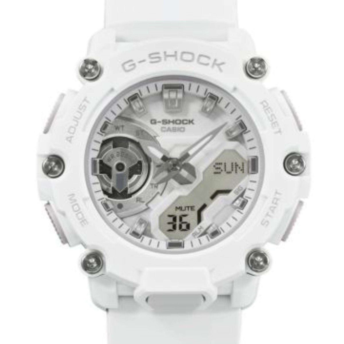 Men's white sports watch with white dial, round bezel, and white rubber band