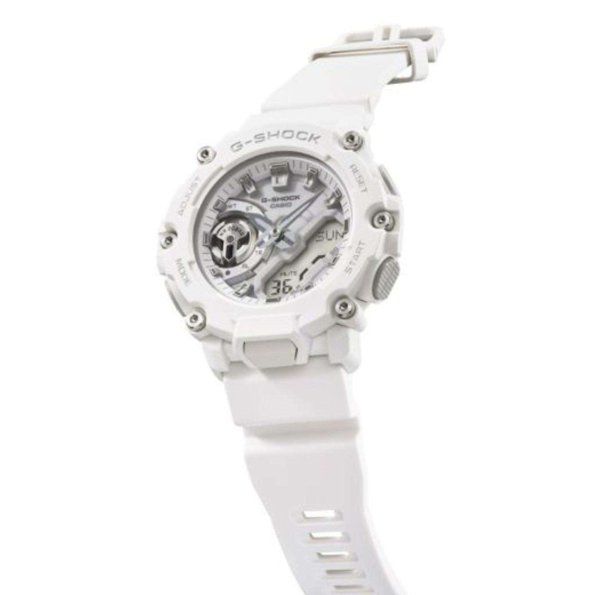 Men's white rubber strap watch with white dial and chunky round case, side view