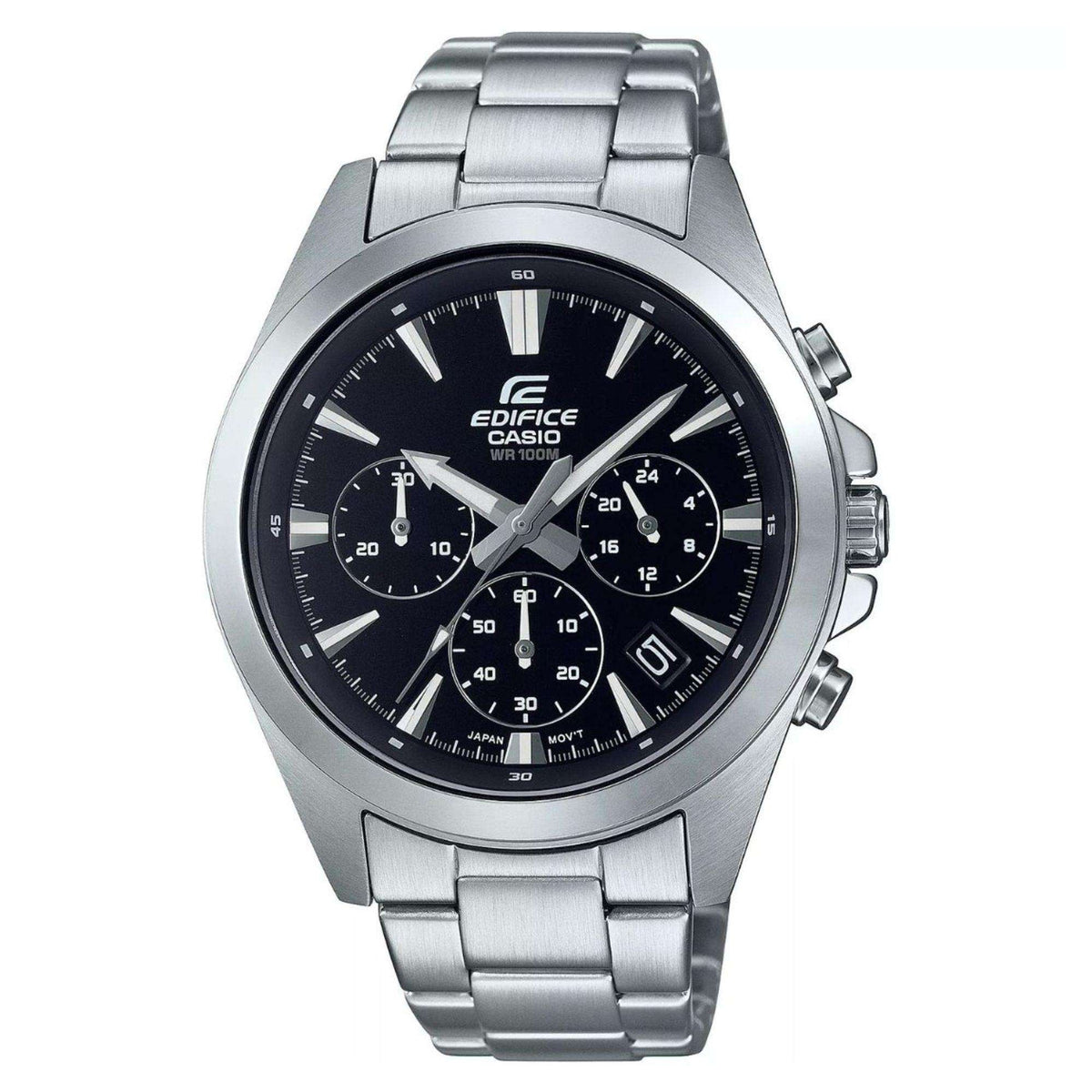Stainless steel chronograph watch with black dial and link bracelet, push-button details