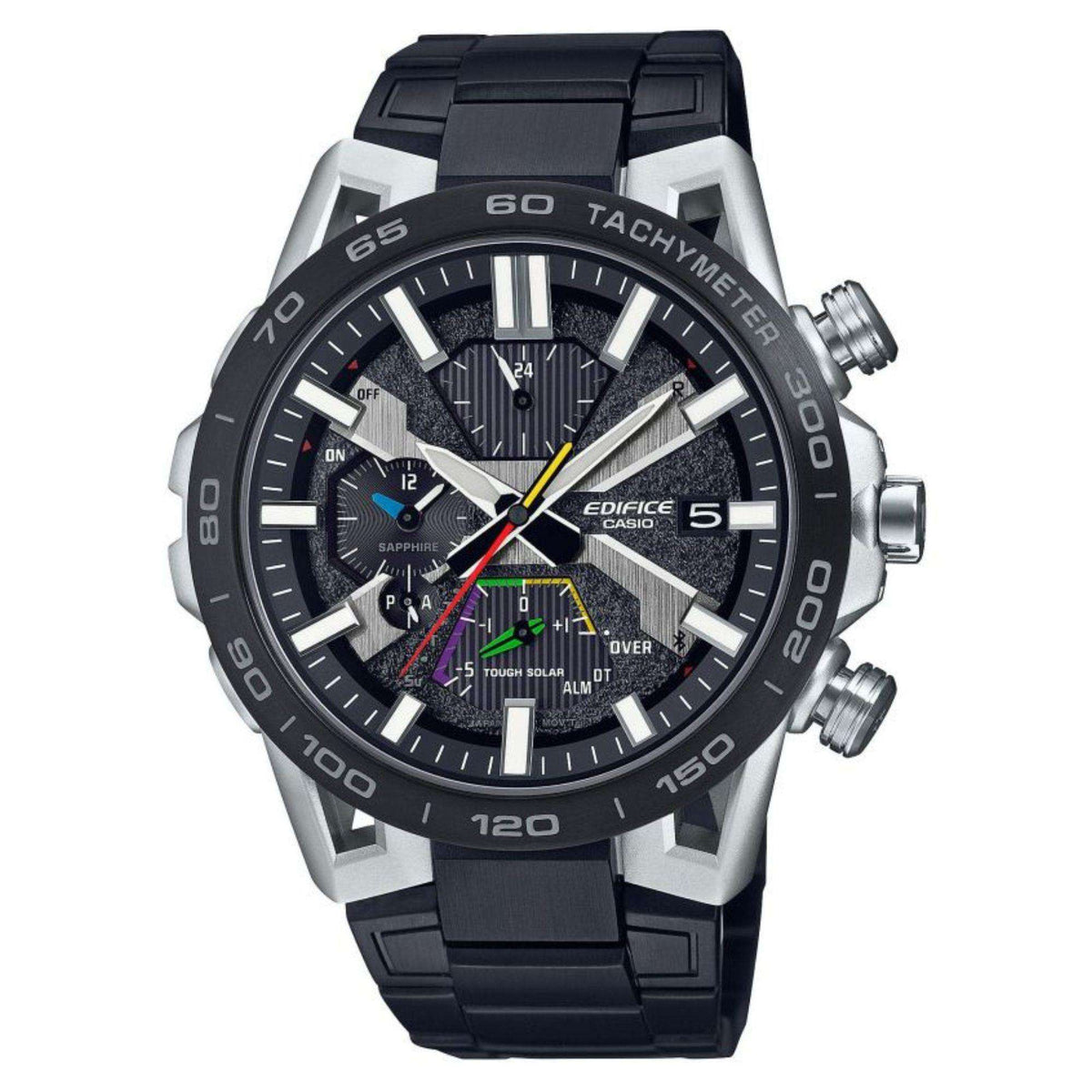 Men's solar chronograph watch with dark grey dial, black bezel, silver accents, black metal strap