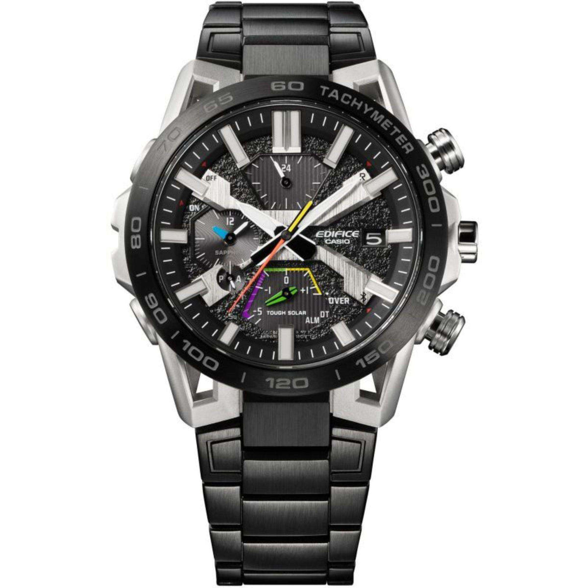 Men's chronograph watch, dark textured grey dial with subdials, black metal bracelet, silver case