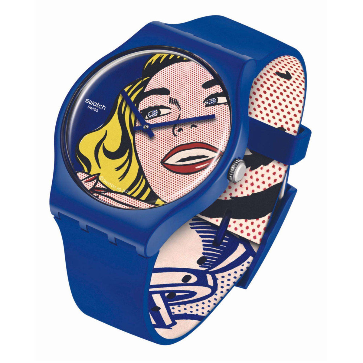 Blue silicone strap watch with circular comic artwork and matching strap pattern