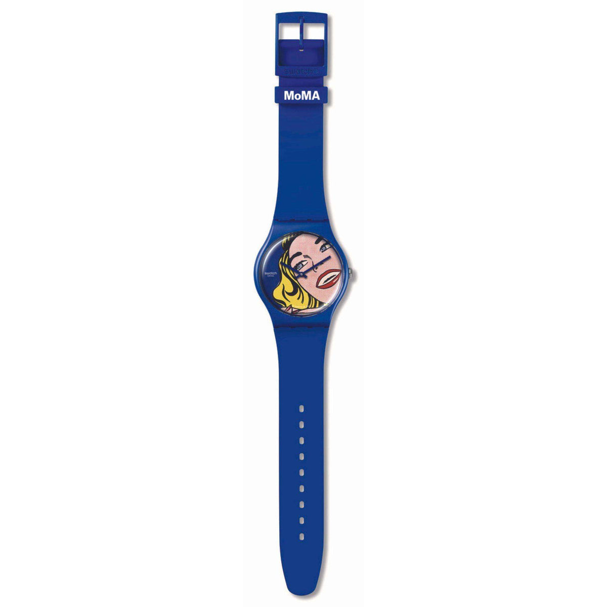 Blue silicone strap watch with clasp at top and comic portrait dial