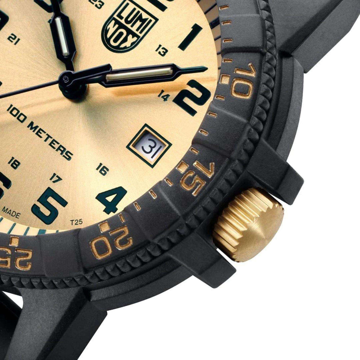 Luminox Leatherback Sea Turtle Giant Series XS.0325.GP gold crown and bezel detail close up