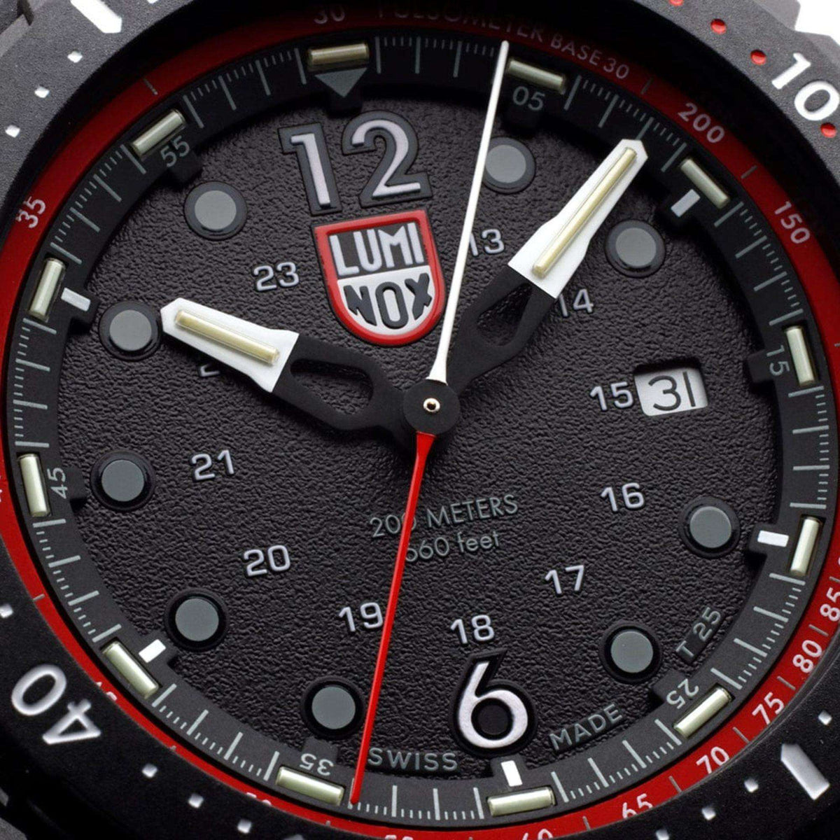 Luminox ICE SAR Arctic XL.1051 extreme close up of black textured dial with red accent ring and hands