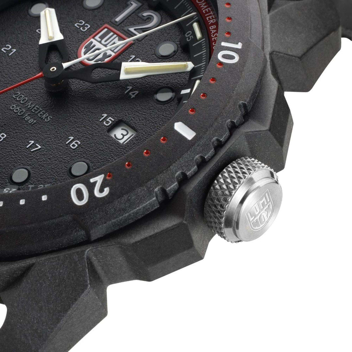 Luminox ICE SAR Arctic XL.1051 close up of black bezel and silver crown