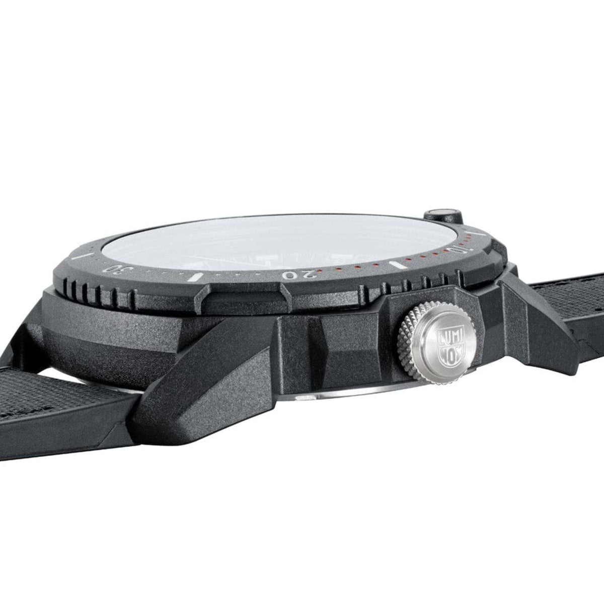 Luminox ICE SAR Arctic XL.1051 side view of black case with red dial accent showing silver crown