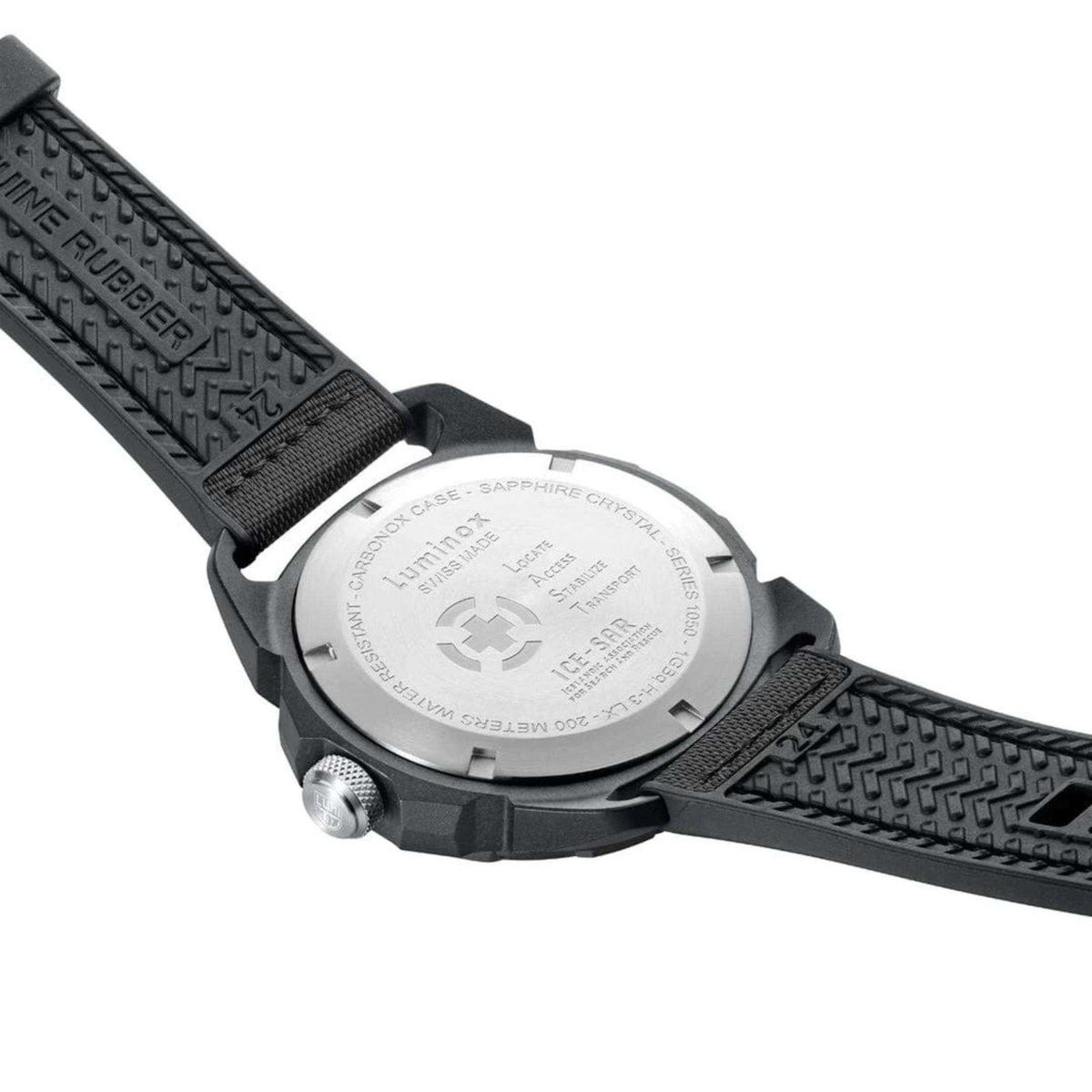 Luminox ICE SAR Arctic XL.1051 stainless steel case back and textured black rubber strap