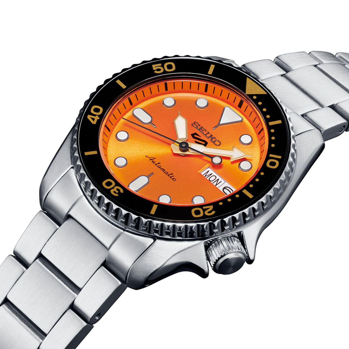Orange-dial steel diver watch with black bezel, gold markers, and MON 6 date window