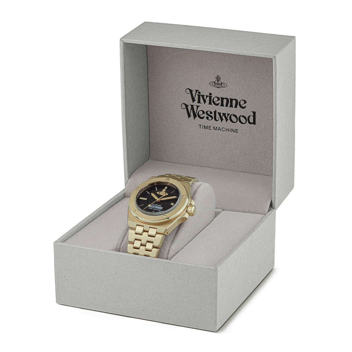 Watch in gray presentation box, black dial and gold linked bracelet