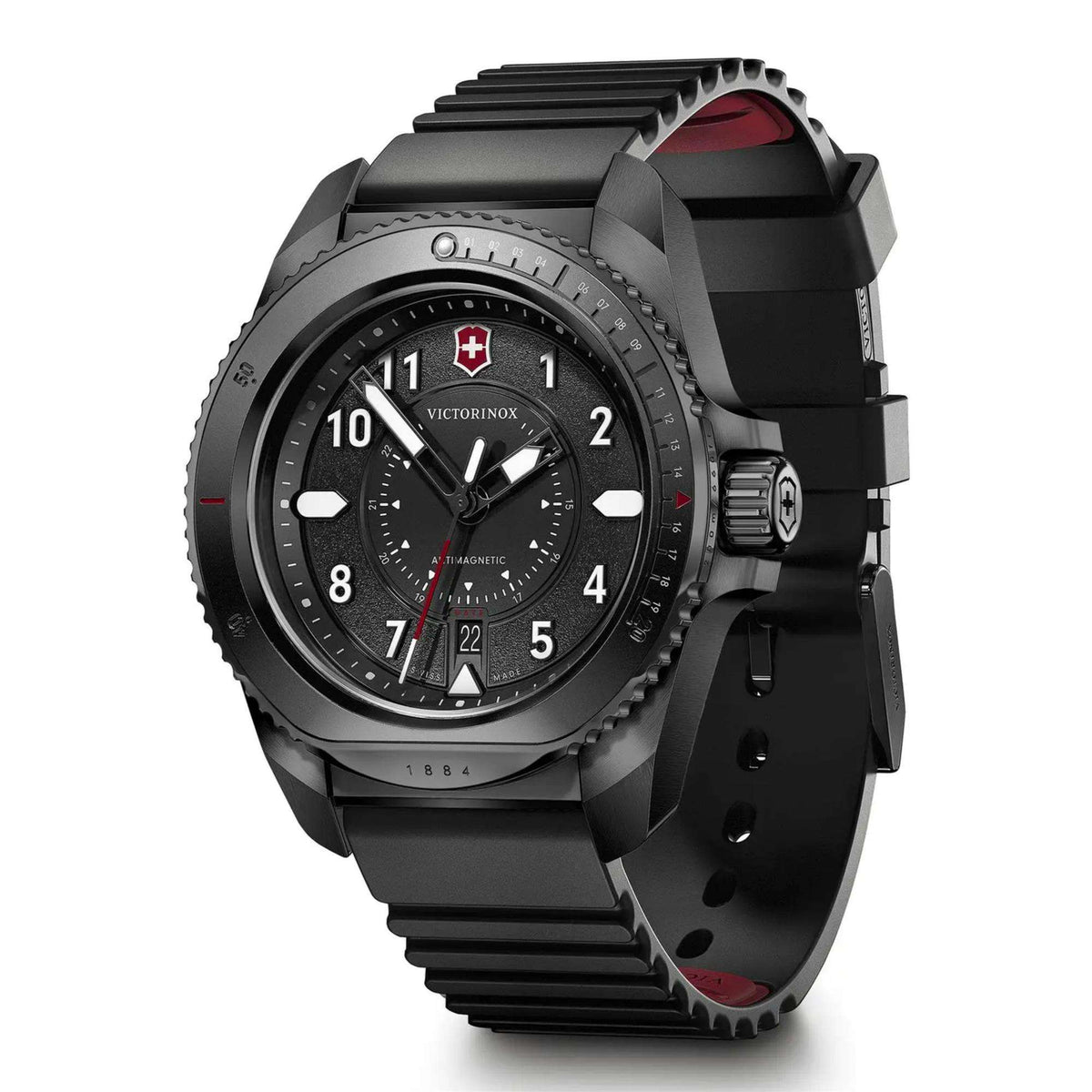 Victorinox 241982 black dial with bold luminous markers and date display close-up  