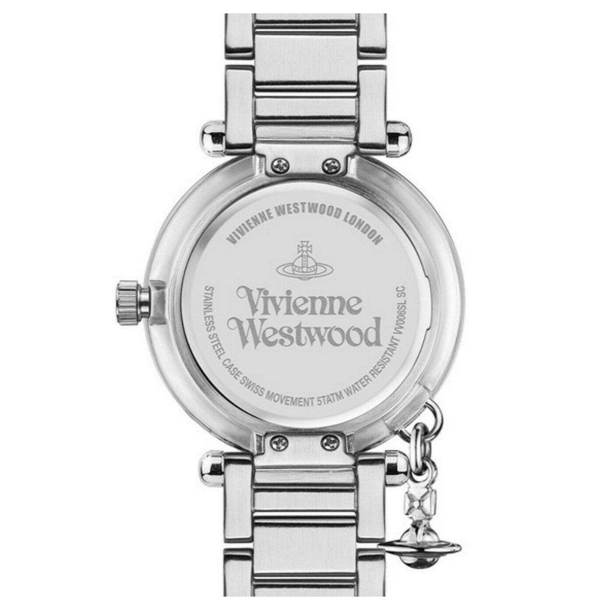 Stainless steel watch caseback with Vivienne Westwood text and water resistance markings