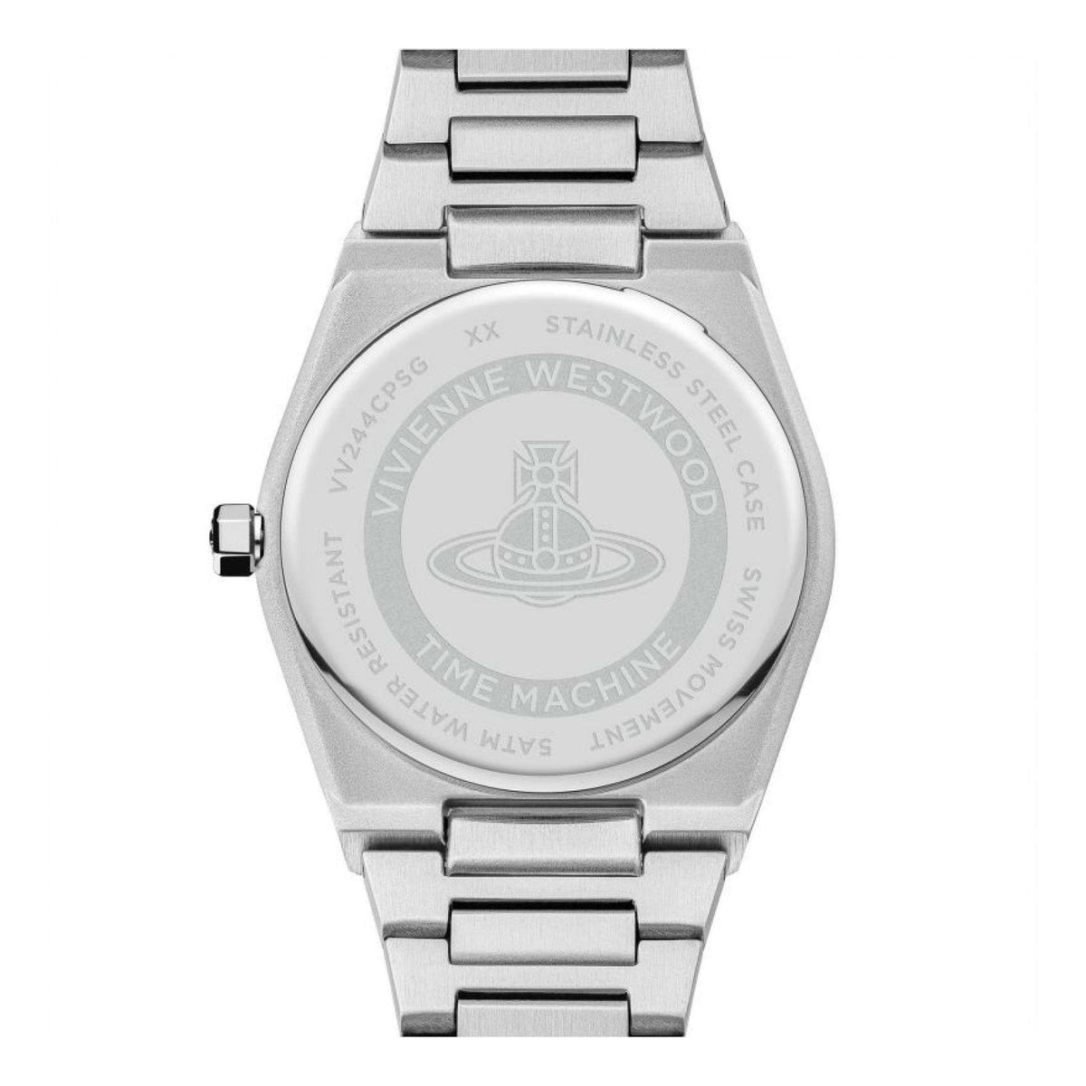 Two-tone stainless steel bracelet watch with engraved case back and silver dial