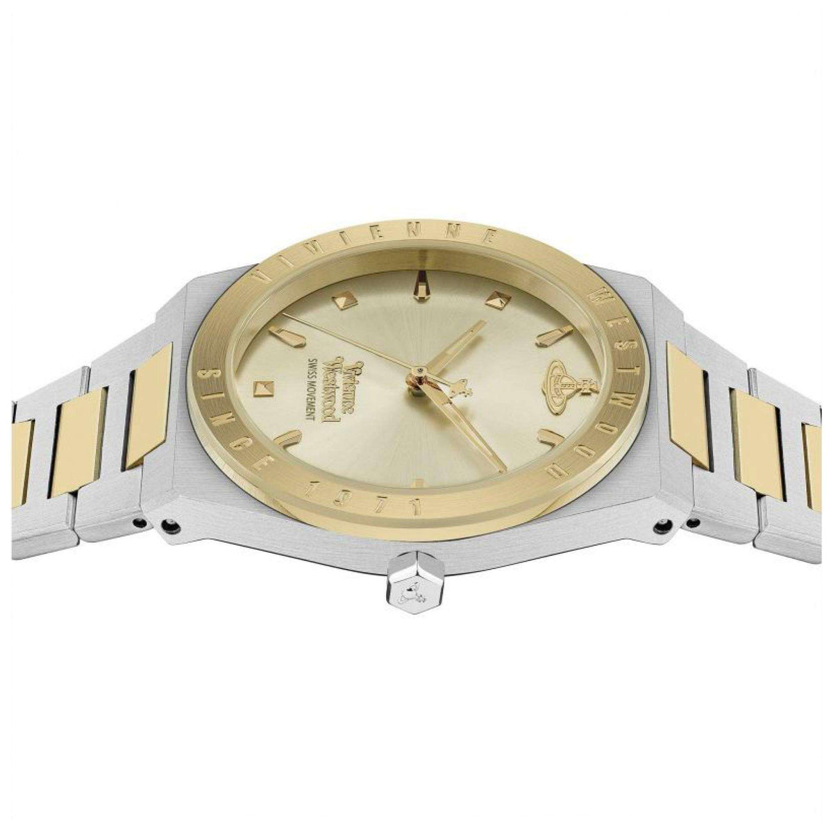 Two-tone watch with champagne dial, gold bezel accents, linked metal bracelet