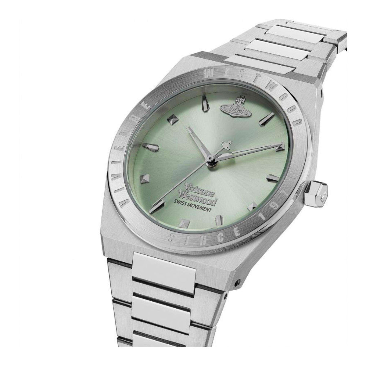 Angled view of Vivienne Westwood quartz watch VV244PGRSL showing green dial, silver steel case, and link bracelet