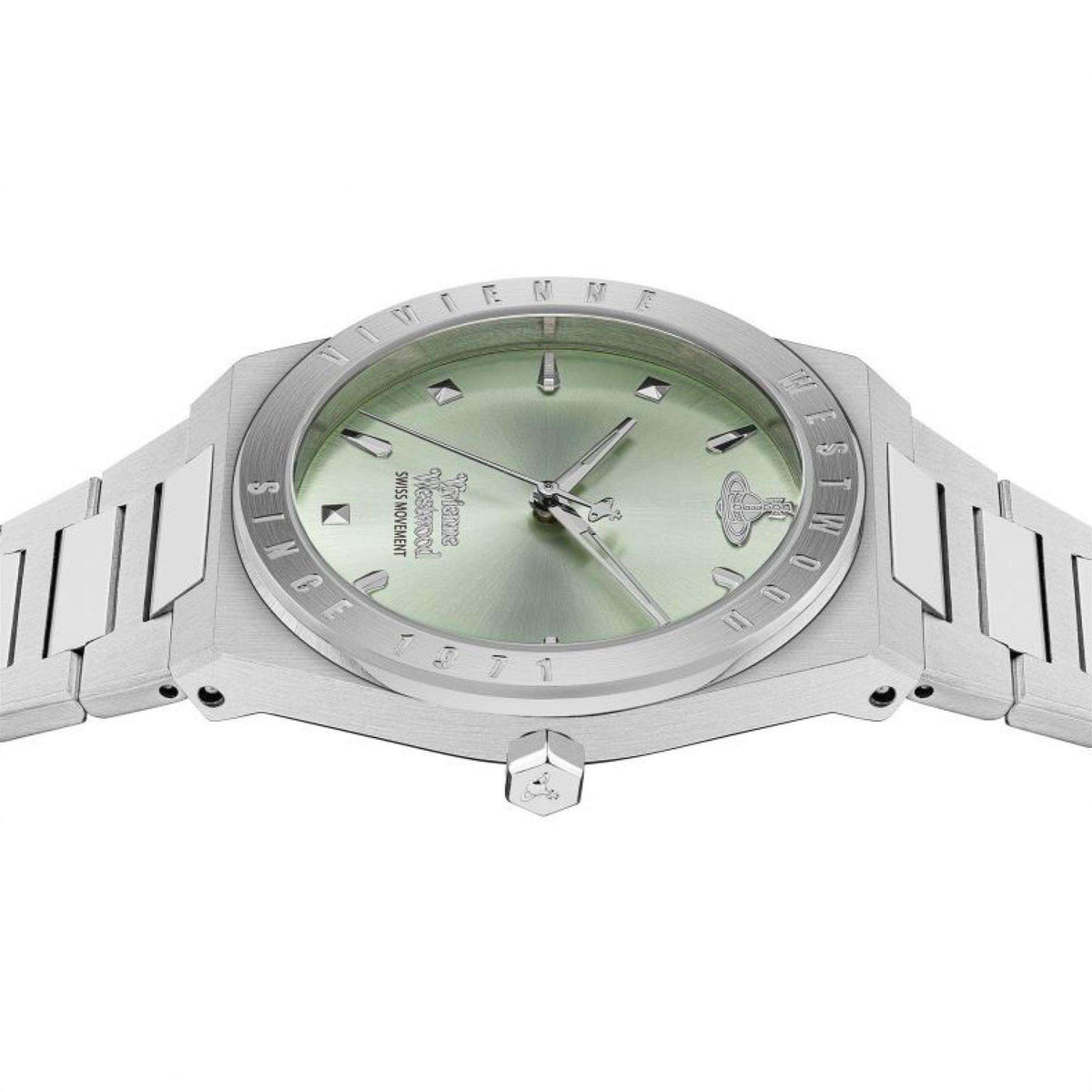 Vivienne Westwood quartz watch VV244PGRSL showing a green dial with hour markers and silver hands