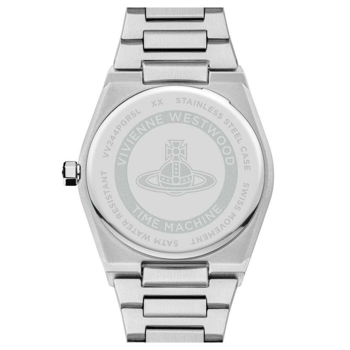 Vivienne Westwood stainless steel watch VV244PGRSL, caseback with engraving, and silver link bracelet