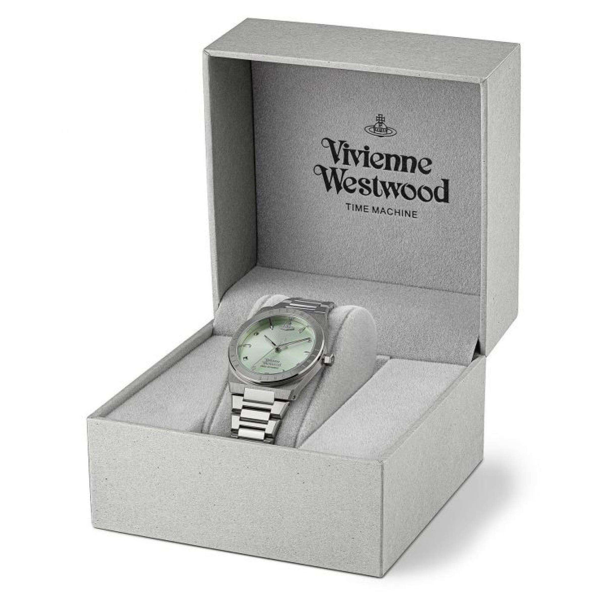 Vivienne Westwood VV244PGRSL quartz watch in gray presentation box with green dial and steel bracelet