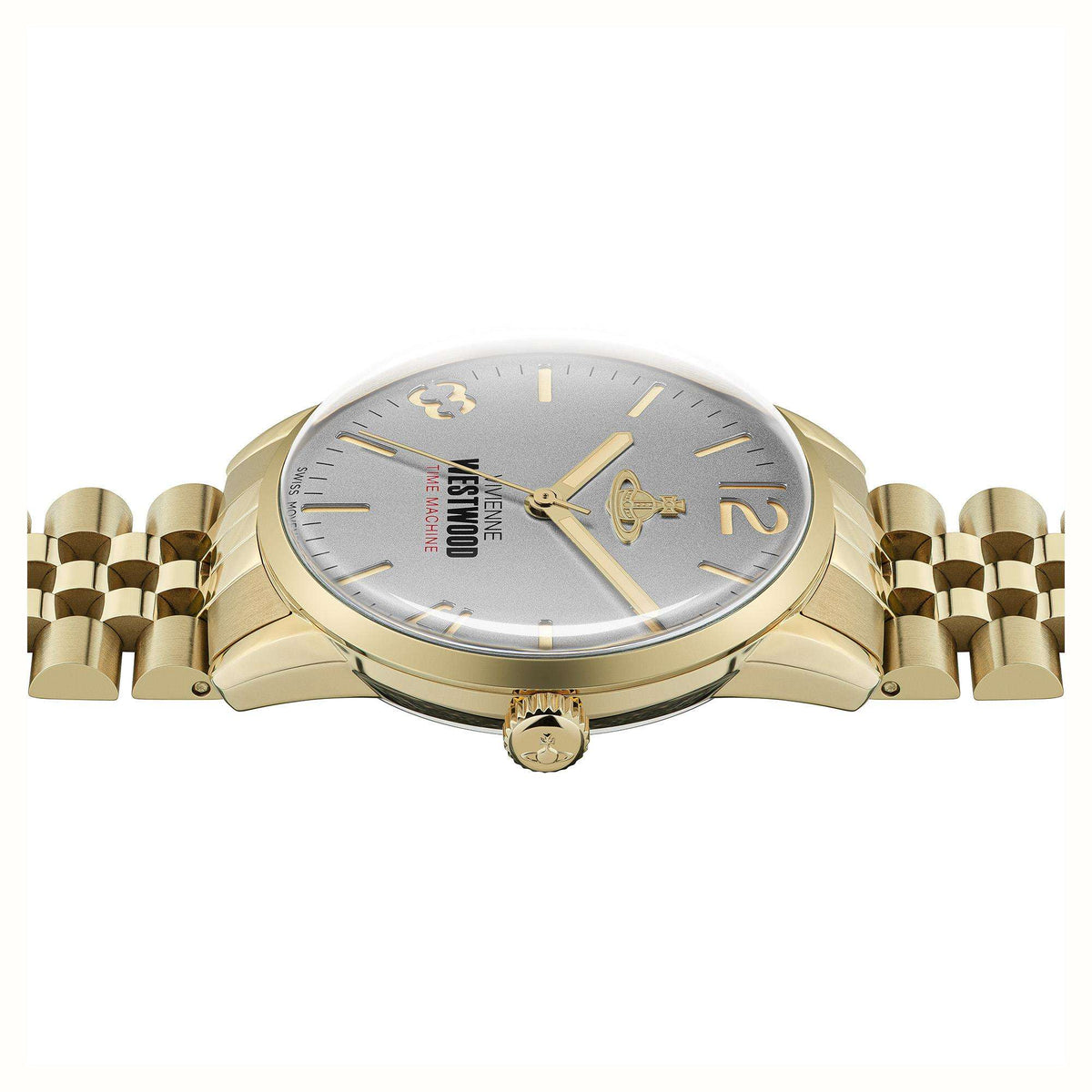 Gold-tone men's watch with grey caseback dial, metal bracelet links, and crown
