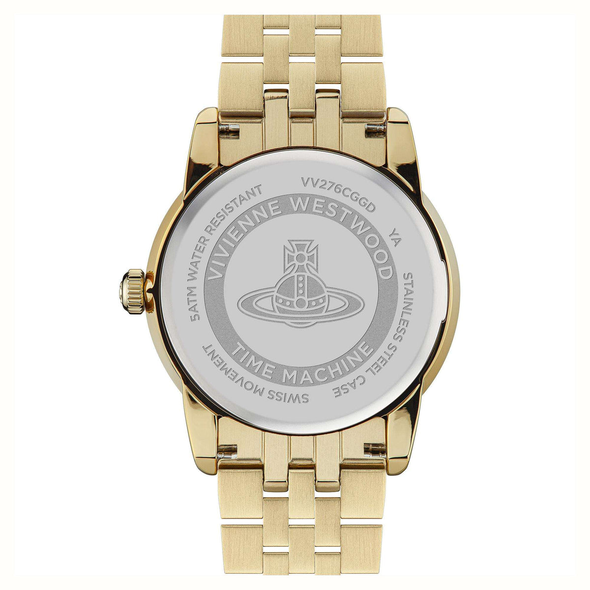 Gold-tone watch caseback with engraved text and Time Machine emblem, stainless bracelet