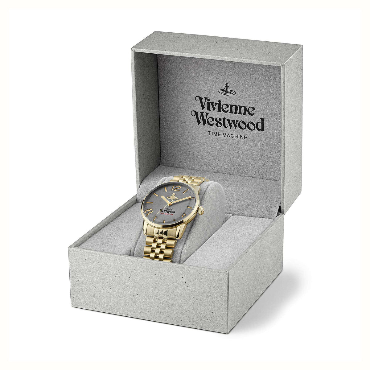 Men's gold-tone watch in grey gift box with cushion, showing grey dial and bracelet